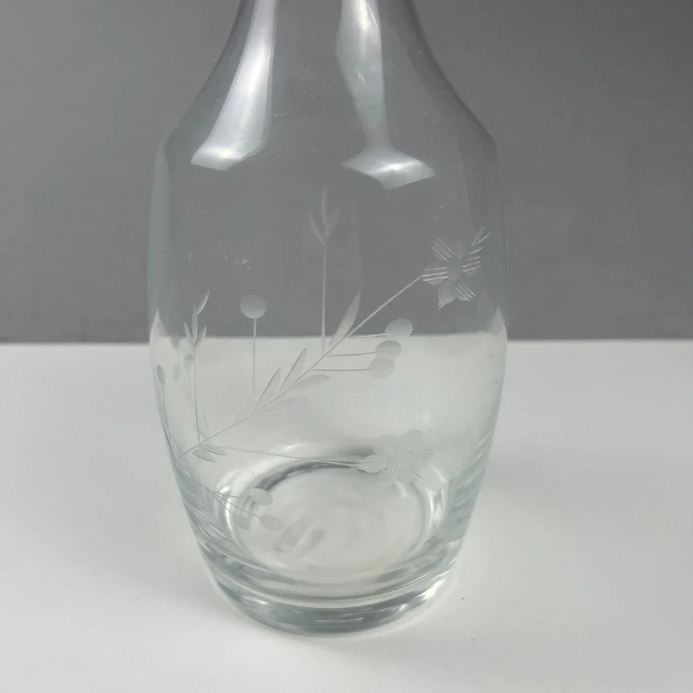 Vintage Glass Decanter 15.75in Elegance Floral Etched Stopper Barware Decor MCM